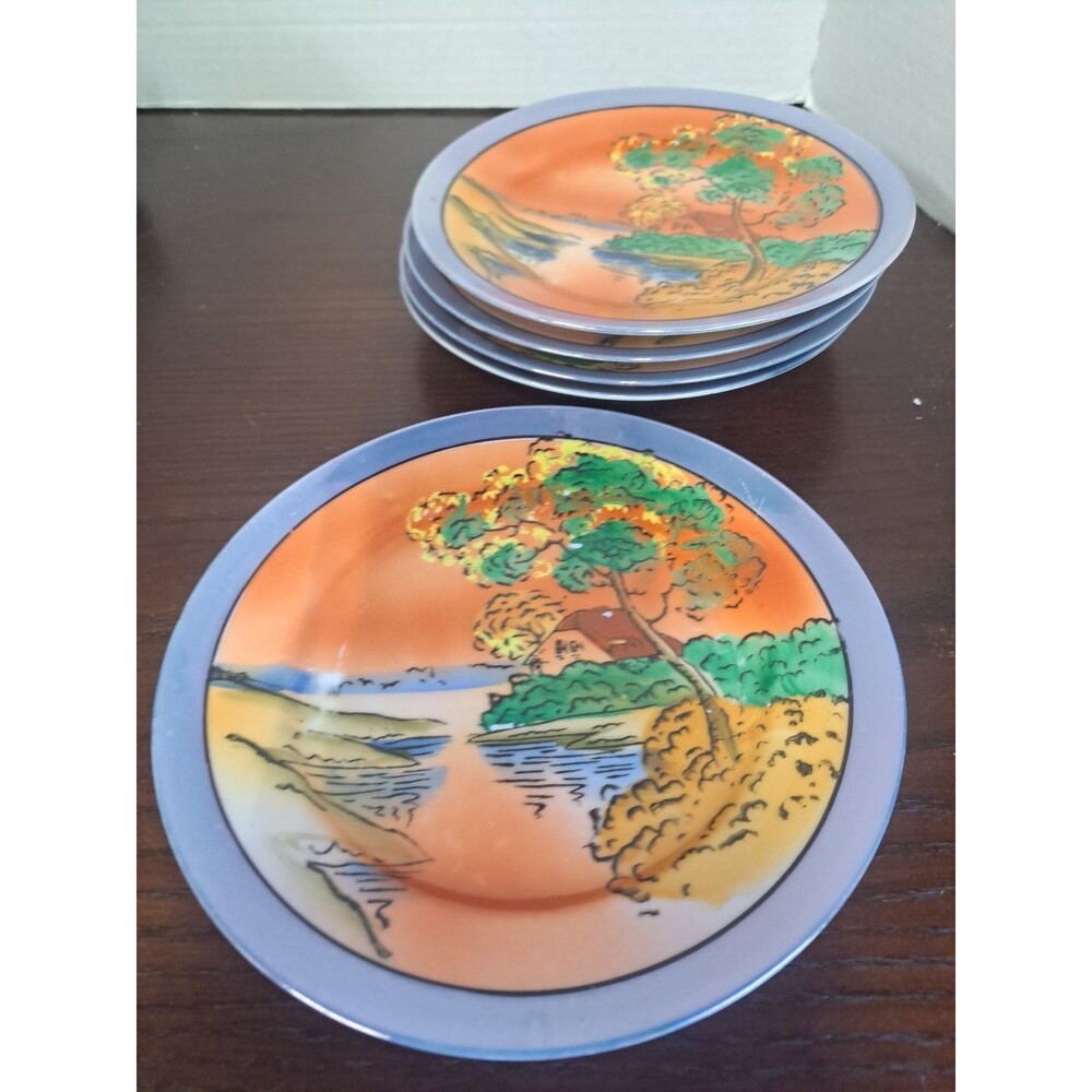Set Of 5 Vintage 1930s Lusterware 7in Salad Plates Handpainted Cottage Scene...